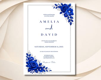 Plantilla de invitación de boda floral azul, invitación editable en Canva, descarga digital imprimible.