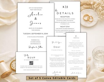 Invitación de boda digital minimalista, paquete completo de plantillas de invitación, descarga instantánea, editable con Canva gratis.