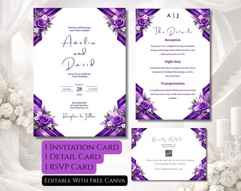 Conjunto de invitaciones de boda reales con diseño floral morado / Editables en Canva / Tarjeta de detalles / Descarga digital / Incluye confirmación de asistencia