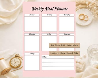 Plantilla PDF de planificador de comidas semanal minimalista en rosa suave tamaño A4, fácil de imprimir y descargar.