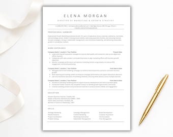 Plantilla de currículum vitae compatible con ATS en Word, CV profesional en formato Doc, carta de presentación, descarga digital instantánea.