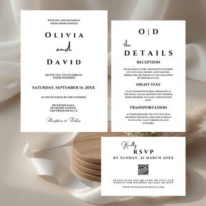 Könnte beinhalten: Elegantes Hochzeitskarten-Set mit minimalistischem Design. Die Hauptkarte zeigt die Namen "Olivia und David" und Veranstaltungsdetails. Zusätzliche Karten enthalten Informationen zur Rezeption und RSVP-Details mit einem QR-Code. Das Set befindet sich auf neutralem Hintergrund.