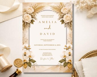 Plantilla de invitación de boda dorada / Rosa orquídea elegante / Editable en Canva / Descarga instantánea en PDF / Digifyo