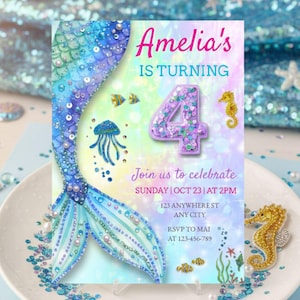 Mermaid 4th Birthday Invitation Template, Mermaid Tail Party Invite, Birthday for Girls, Editable Canva Invitation, Instant Download 5x7