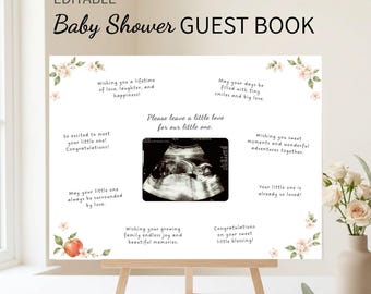 Bearbeitbares Gästebuch mit Ultraschallfotos, eine Canva-Vorlage für werdende Mütter, die als alternatives Schild für eine Babyparty verwendet werden kann.