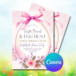 Easter Brunch & Egg Hunt Invitation – Pink Bow Egg Frame Invite, Floral Spring Easter Party, Canva Editable Template 034