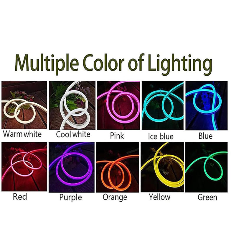 May include: Image showcasing a variety of flexible LED strip lights in various colors. The image displays samples of warm white, cool white, pink, ice blue, blue, red, purple, orange, yellow, and green. The text "Multiple Color of Lighting" is at the top.
