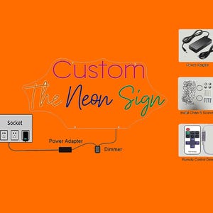 May include: An orange background with a custom neon sign design. The sign includes the text "Custom The Neon Sign" in various colors. Accessories include a power adapter, dimmer, remote control, and installation hardware.