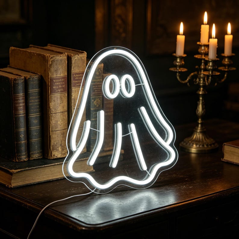 May include: A white neon ghost-shaped light with the eyes and mouth illuminated. The light is on a dark wooden surface, with old books and a candle holder in the background. The ghost has the number "00" for eyes.