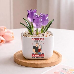 Custom Wife Glass Tulip Flower Pot, Romantic Couple Glass Everlasting Tulips Pot, Funny Anniversary Birthday Gift For Wife Her, Couple Decor