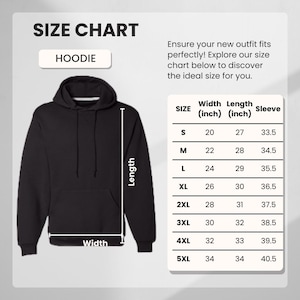 May include: A black hoodie with a size chart. The chart shows measurements for width, length, and sleeve length in inches for sizes S through 5XL. The text "SIZE CHART" and "HOODIE" are at the top.