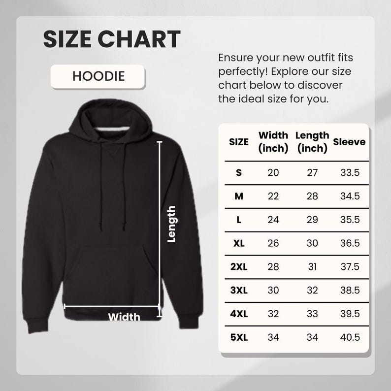 May include: A black hoodie with a size chart. The chart shows measurements for width, length, and sleeve length in inches for sizes S through 5XL. The text "SIZE CHART" and "HOODIE" are at the top.