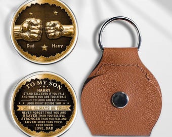 Chaveiro de bolso personalizado "Abraço para o Meu Filho", símbolo de cumprimento de punho entre pai e filho, presente de formatura do pai para o filho, moeda inspiradora para o Dia dos Pais.