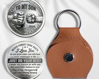 Chaveiro personalizado "Abraço de Bolso para Meu Filho", Presente Significativo para o Dia dos Pais ou Aniversário do Seu Filho, Chaveiro Moeda "Filho Orgulhoso", Presente Inspirador para a Família