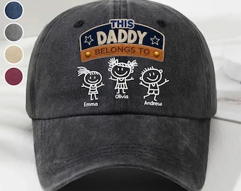 Boné personalizado para pai e avô, presente de Dia dos Pais da filha/filho, "Para sempre pertence ao papai e avô", jeans vintage lavado, boné de algodão lavado para pai e avô.
