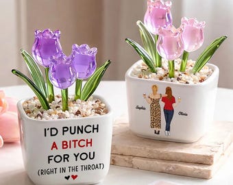 Vaso de Tulipas de Vidro Personalizado para Melhores Amigas, Presente Divertido de Amizade, Tulipas de Vidro "Eu Daria um Soco em Qualquer Vadia por Você", Presente de Aniversário para a Melhor Amiga