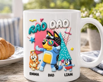 Personalized Bluey Rad Dad 3D Effect Coffee Mug, Father’s Day Gift For Dad, Custom Kids Names Ceramic Cup, Cute Cartoon Family Design