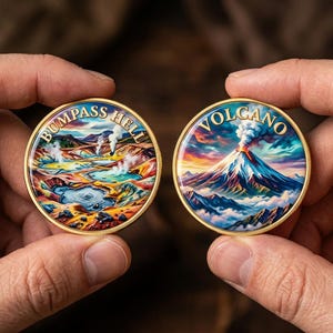 May include: Two circular gold-rimmed coins featuring colorful landscape illustrations. The left coin depicts a geothermal area with the text BUMPASS HELL. The right coin shows a snow-capped mountain with smoke and the text VOLCANO at the top.