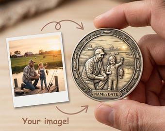 Personalized Fishing Coin Rustic Keepsake Name & Date Gift for Dad Fathers Day