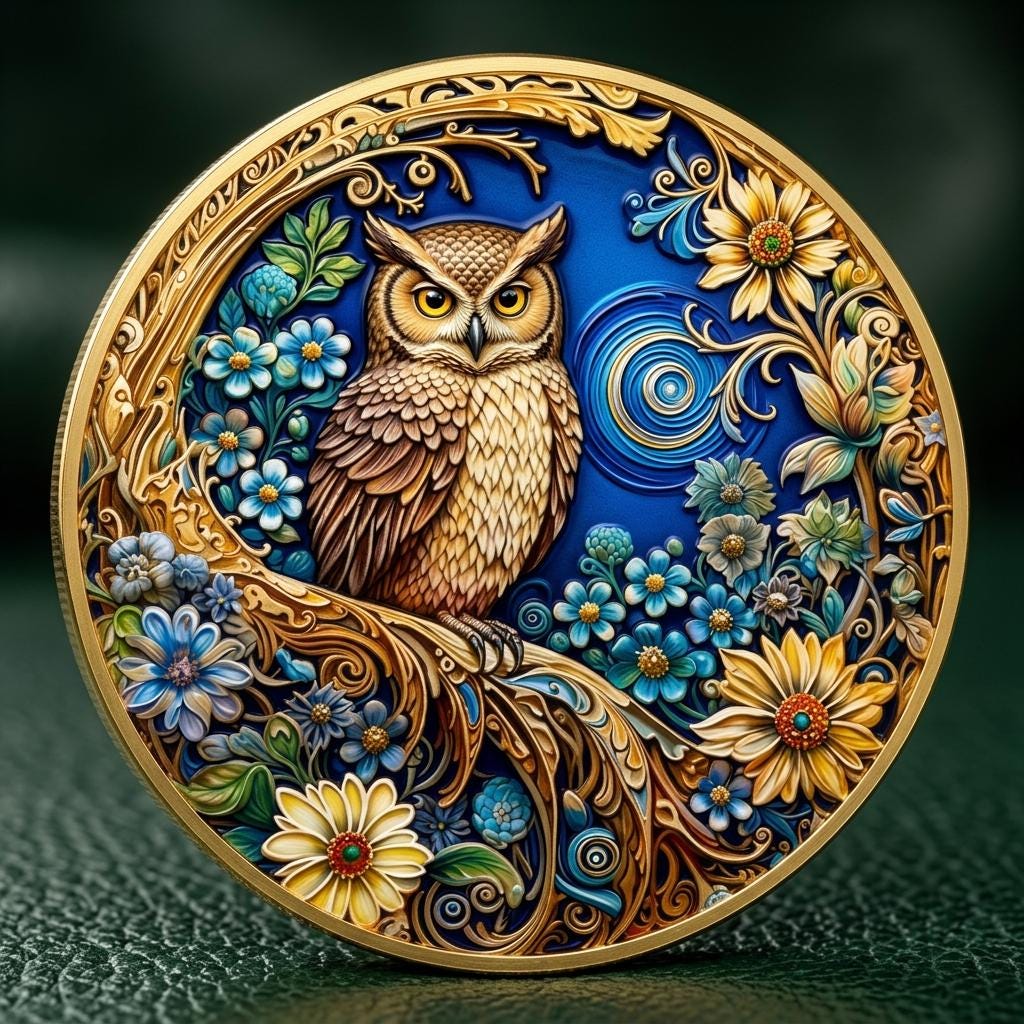 Floral Owl Metal Coin, 3D Bird Totem Token, Blue Enamel Flower Souvenir, Wisdom Nature Lover Gift, C