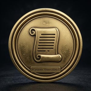 May include: A round, antique gold-colored medallion with a scroll design in the center. The scroll is unrolled at the top and bottom. The text '[Custom Name/date]' is at the bottom of the medallion.