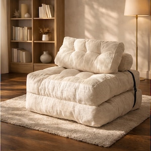 May include: A cream-colored, corduroy-textured floor cushion, folded and stacked, with a matching headrest cushion. The cushions are on a light-colored rug, with a wooden bookshelf and lamp in the background. The cushion is held together with a black strap.