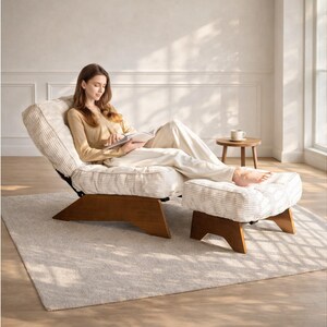 May include: A cream-colored corduroy lounge chair with a matching ottoman. The chair and ottoman have wooden bases. The chair is angled back, and the ottoman is positioned in front. A person is sitting in the chair.