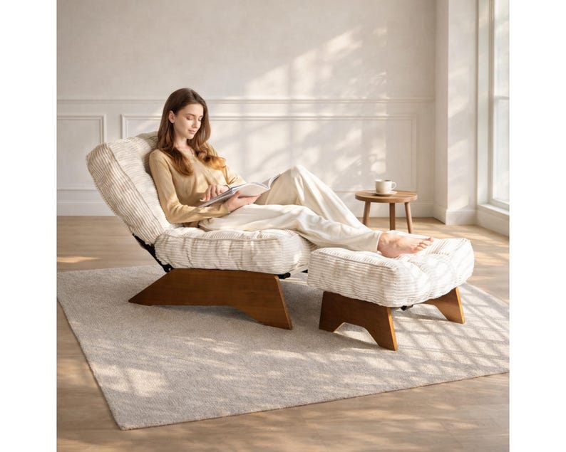 May include: A cream-colored corduroy lounge chair with a matching ottoman. The chair and ottoman have wooden bases. The chair is angled back, and the ottoman is positioned in front. A person is sitting in the chair.