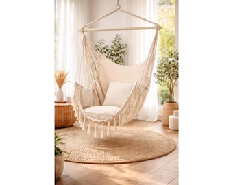 Macrame Hammock Swing Chair – Indoor Outdoor Lounge with Pocket