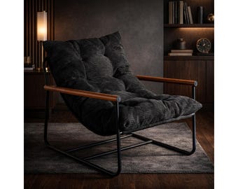 Modern Corduroy Lounge Chair, Minimalist Accent Armchair with Wooden Armrests