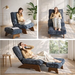 May include: A blue upholstered chair and ottoman set with wooden legs. The chair has a high back and armrests, and the ottoman is rectangular. The fabric has a textured appearance. The set is designed for relaxation and comfort.