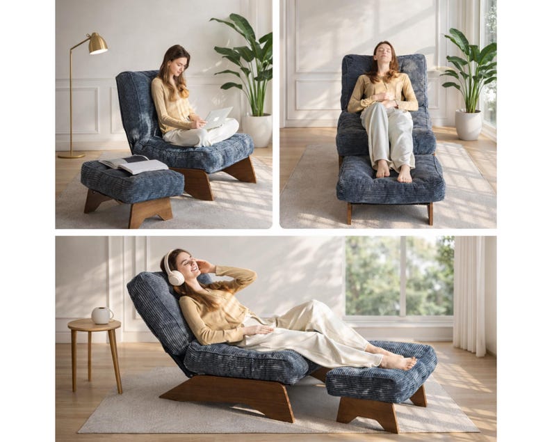 May include: A blue upholstered chair and ottoman set with wooden legs. The chair has a high back and armrests, and the ottoman is rectangular. The fabric has a textured appearance. The set is designed for relaxation and comfort.