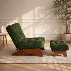 May include: A green corduroy lounge chair and matching ottoman set. The chair has a tufted back and seat, and both pieces have wooden bases. The set is placed on a light-colored rug.