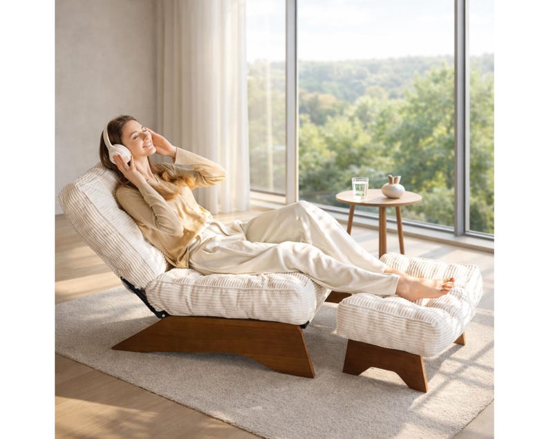 May include: A beige corduroy lounge chair and ottoman set with a wooden base. The chair is reclined, and the ottoman is positioned in front. The set is on a light-colored rug near a large window.