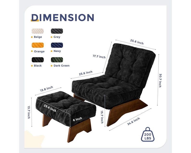 Tufted Corduroy Lounge Chair with Ottoman, Adjustable Recliner image 20