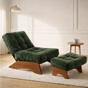 May include: A green corduroy lounge chair and matching ottoman set. The chair has a tufted back and seat, with a wooden base. The ottoman is a low, square shape with a matching wooden base. The set is placed on a white rug.