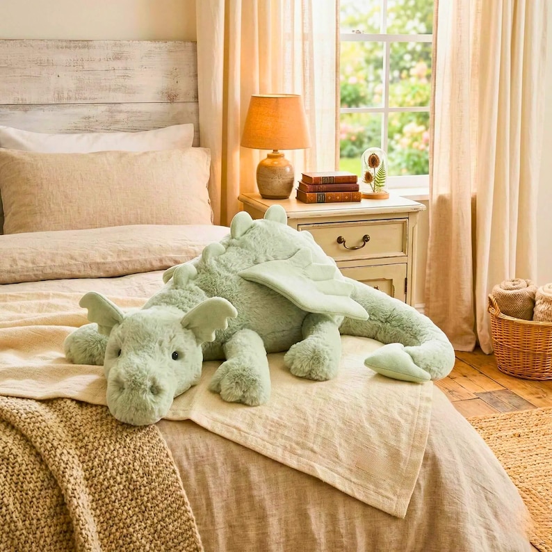 May include: A large, soft, mint green dragon plush toy with wings, lying on a bed with a beige blanket. The dragon has a friendly face and is surrounded by a cozy bedroom setting with a lamp and a window.