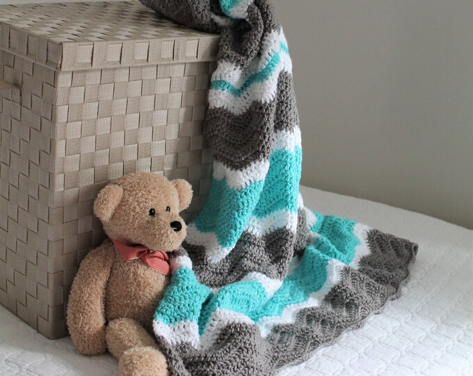 Aqua and Gray Baby Blanket Crochet Baby Chevron Afghan Crib - Etsy