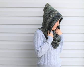 Crochet Hooded Scarf: Blue Green Tweed Snood, Women/Teen