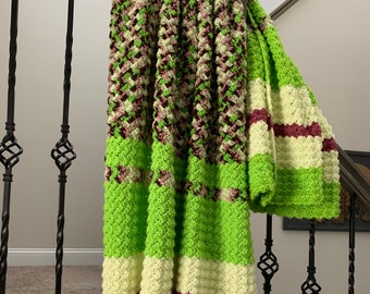 Crochet Afghan Blanket: Acrylic Striped Throw, Spring Green, Rose