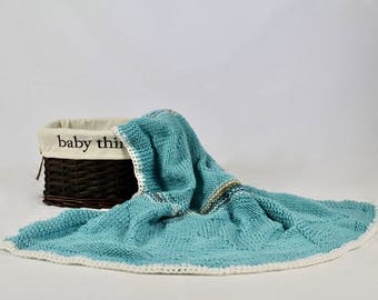 Hand Knit Aqua Heart Knit Block Blanket, Toddler Blankie, Small Throw