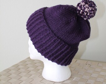 Knit Slouchy Hat, Beanie, Winter Toboggan Hat, Pom Pom Hat, Plum, Men's or Women's