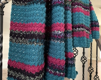 Travel Blanket - Teal Purple and Black Throw, Medium Weight Crochet Blanket, Striped Afghan