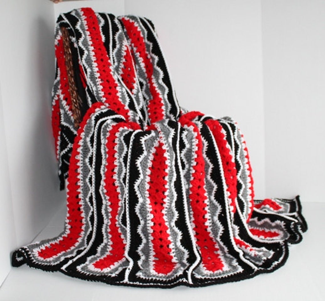 Afghan Handmade Crochet Queen Size Blanket Red Grey Etsy