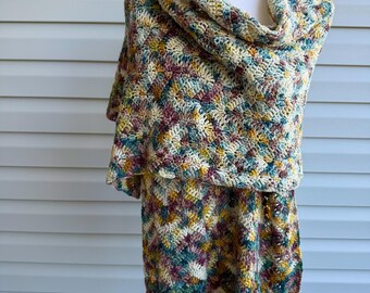 Hand-Painted Merino Wool Scarf: Crochet Chevron Shawl Wrap