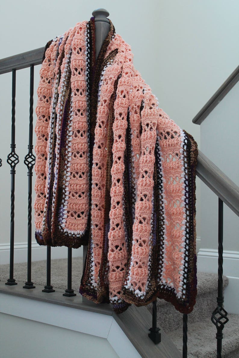 Crochet Blanket Large Panel Afghan Peach and Brown Blanket