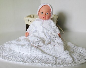 Crocheted Christening Dress and Bonnet: Newborn Baby Baptism Outfit