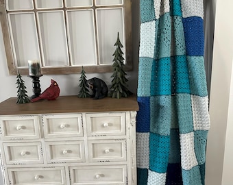 Hand Crochet Patchwork Blanket: Blue Toned Acrylic Throw (44” x 65”)