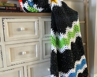 Handmade Crochet Blanket: Black Tweed Rainbow Ripple Afghan