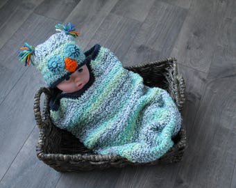 Crochet Baby Cocoon: Blue Green Owl Swaddle Sack, Photo Prop